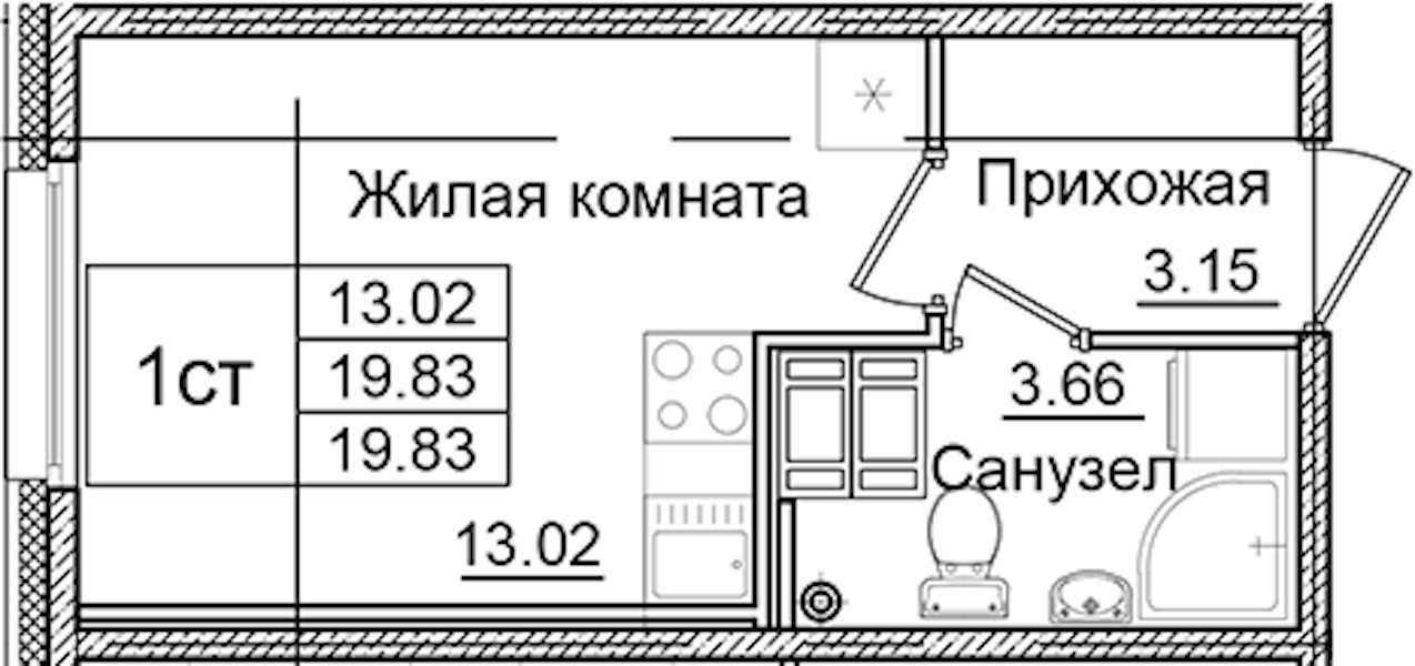 Квартира студия 19.83 м², 8/9 эт., ЖК «Квартал Заречье»